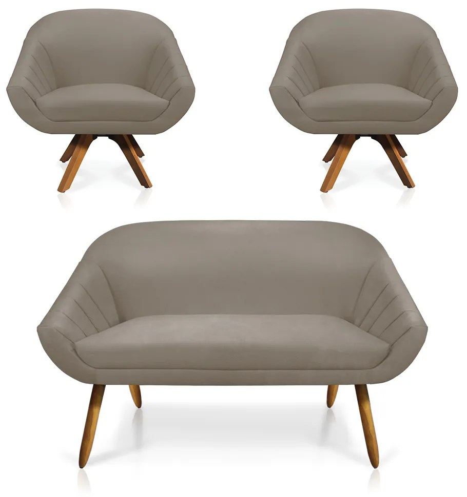 Kit 01 Namoradeira 02 Lugares e 02 Poltronas Giratória Giovana Suede Marrom Rato Base Madeira MM30 - D'Rossi