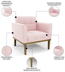 Sofá Namoradeira e 2 Poltronas Base Madeira Castanho Ana Suede Rosa Be