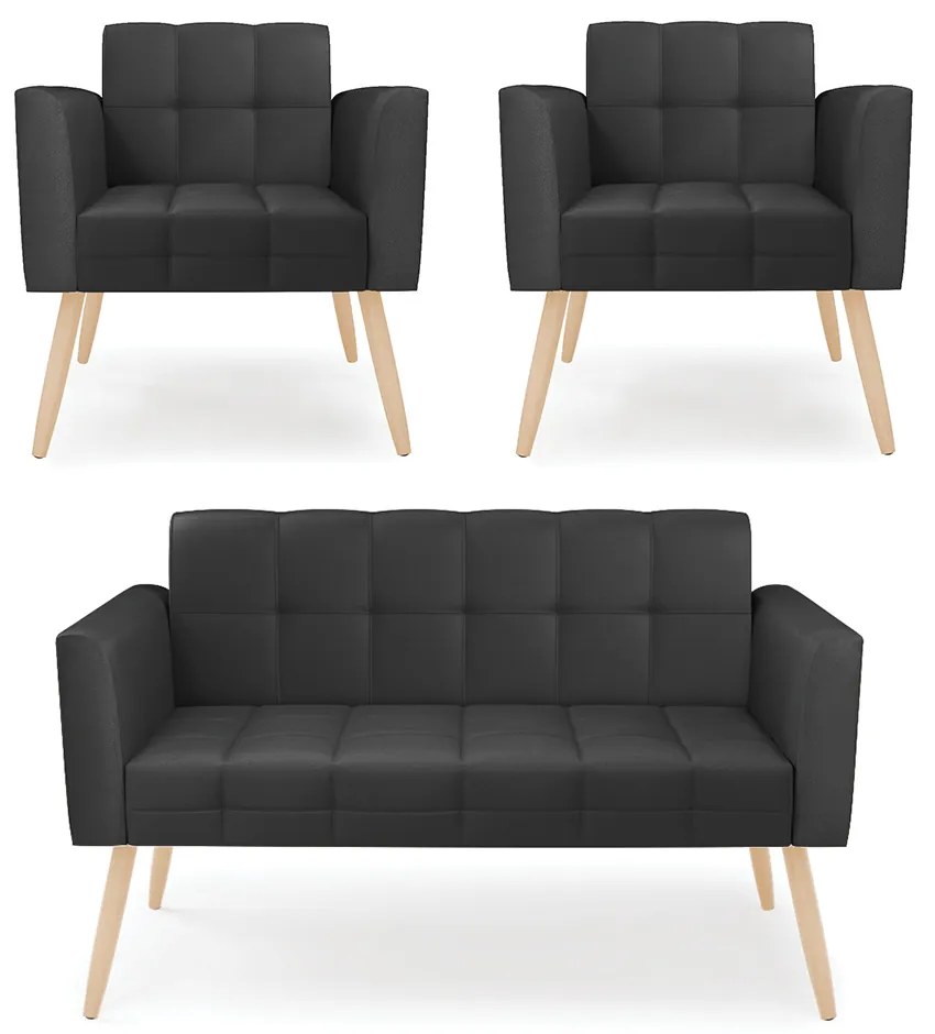 Kit 1 Sofá Namoradeira e 2 Poltronas Elisa Corino Pés Palito Natural - D'Rossi - Preto