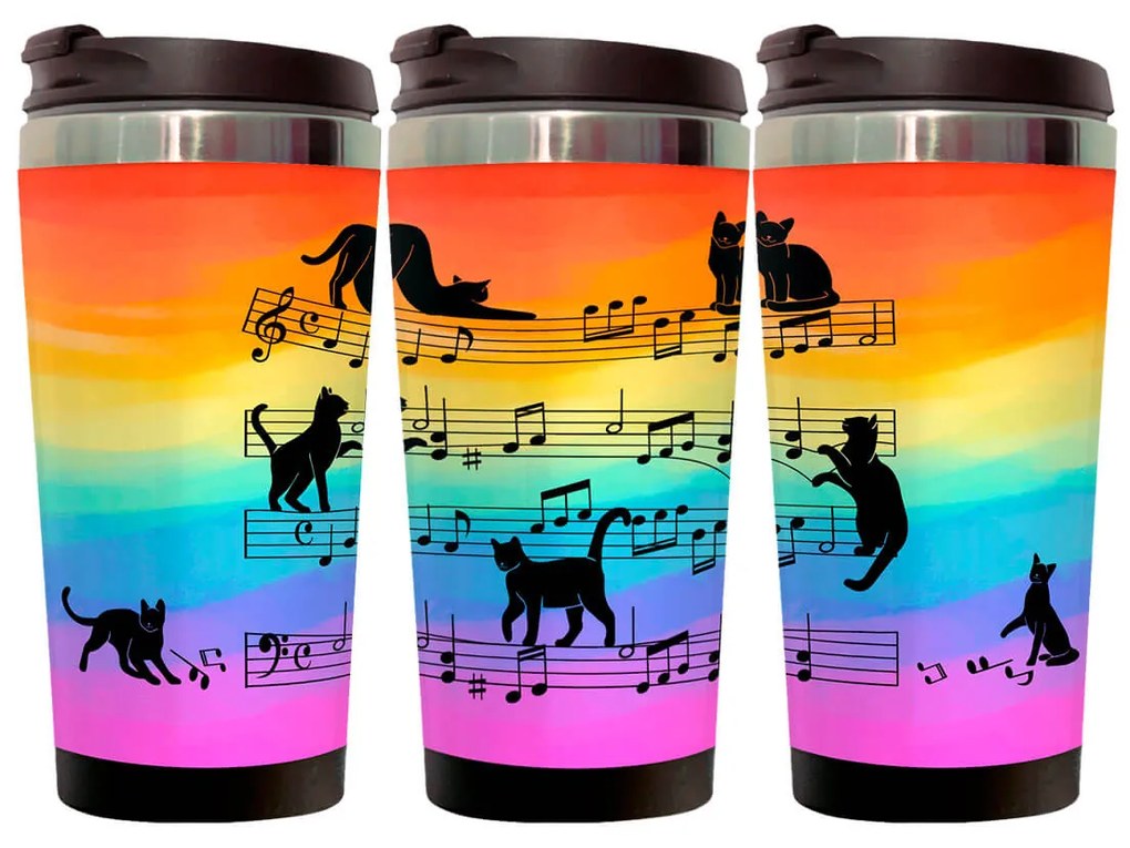 Copo Térmico 500ml Inox Gato Musical Arco iris
