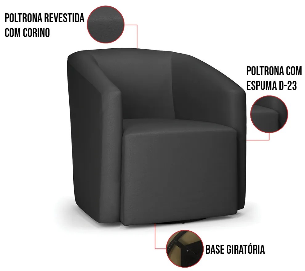 Poltrona Decorativa Base Giratória Kit 2 Stella Max Sintético D03 - D'Rossi - Preto