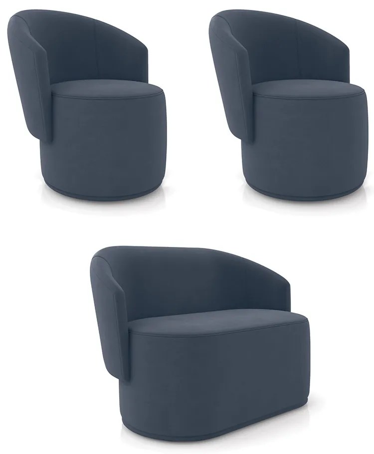 Sofá Namoradeira e 2 Poltronas Orgânica para Sala Malu Suede M11 - D'Rossi - Azul Marinho