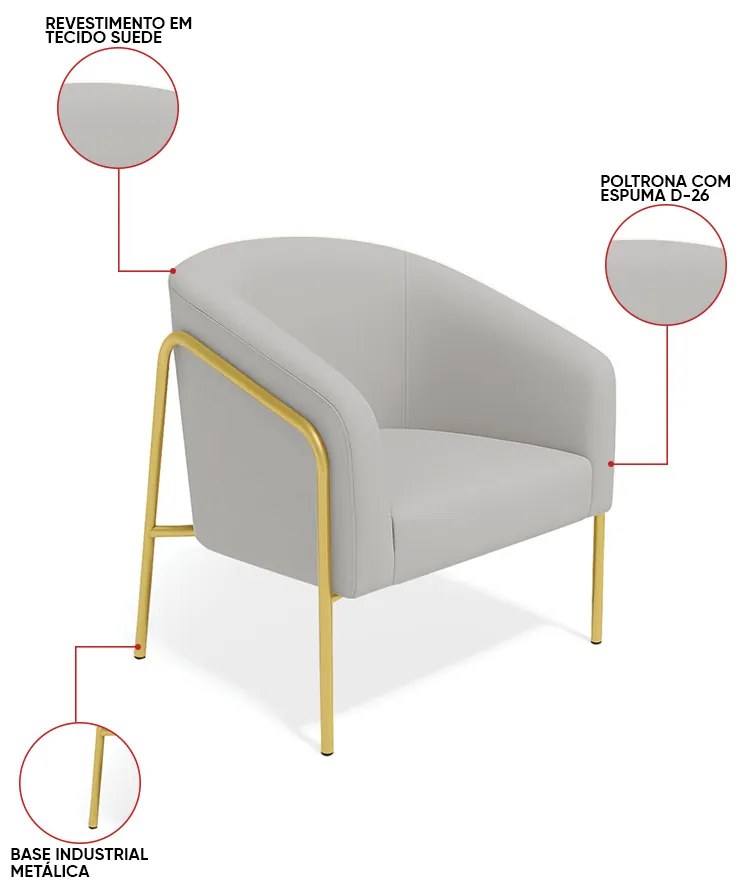 Poltrona Sala Industrial Alta Dourado Kit 2 Stella Suede D03 - D'Rossi  - Cinza