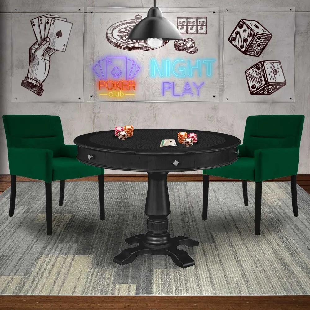 Mesa de Jogos Carteado Redonda Victoria Tampo Reversível Preto com Kit 2 Cadeiras Vicenza Suede Verde G36 G15 - Gran Belo