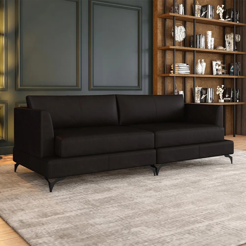 Sofá Living Bipartido 250cm Indonésia Pés de Ferro Couro Borgonha Manchado G52 - Gran Belo