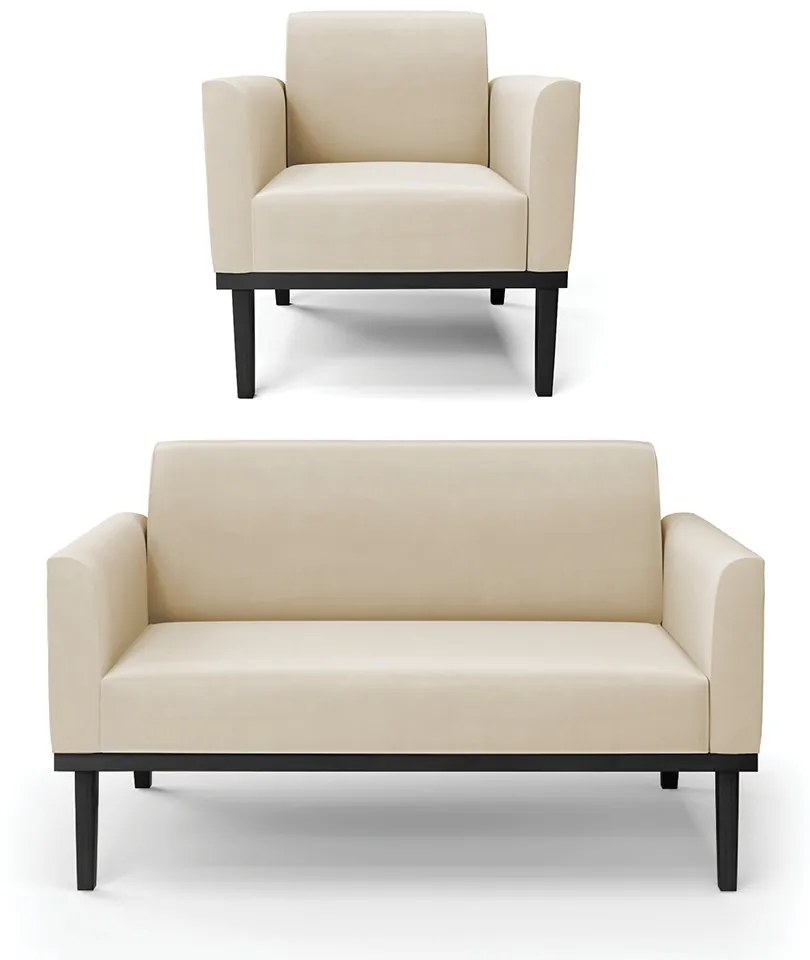 Conjunto Poltrona e Namoradeira Decorativa Isabella Pés Fixo em Madeira Preto Suede Bege G19 - Gran Belo