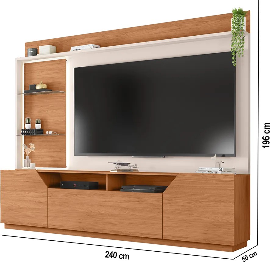 Estante TV 65 Pol 240cm Sala de Estar Samanta Freijó/Off White C01 - D'Rossi