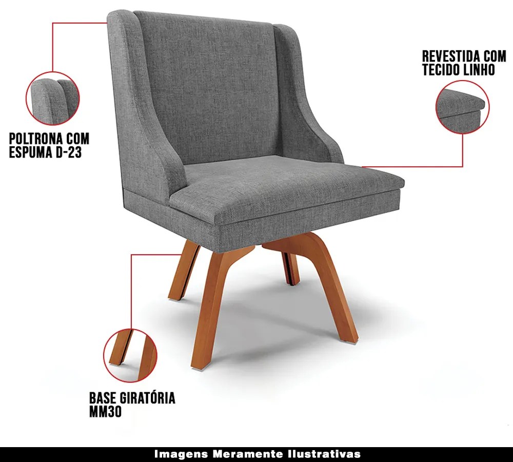 Poltrona Decorativa Base Giratória de Madeira Firenze Linho Grafite/Natural G19 - Gran Belo