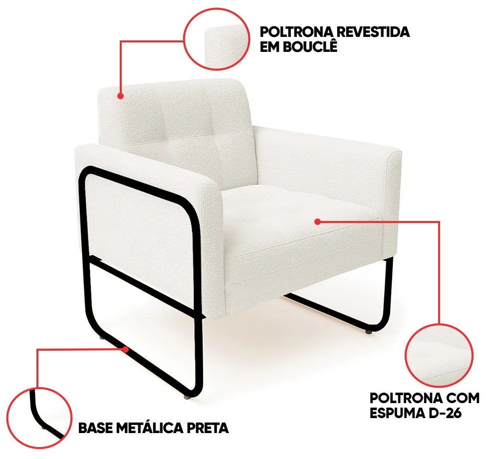 Poltrona Sala Industrial Alta Tubo Preto Elisa Bouclê D03 - D'Rossi - Off White
