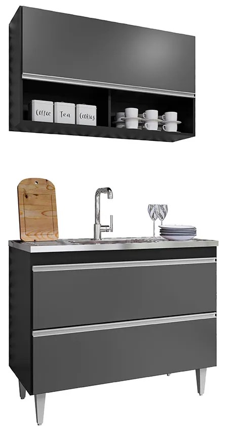 Conjunto Balcão de Cozinha Armário Aéreo Wollo MDP/BP Preto/Grafite G96 - Gran Belo