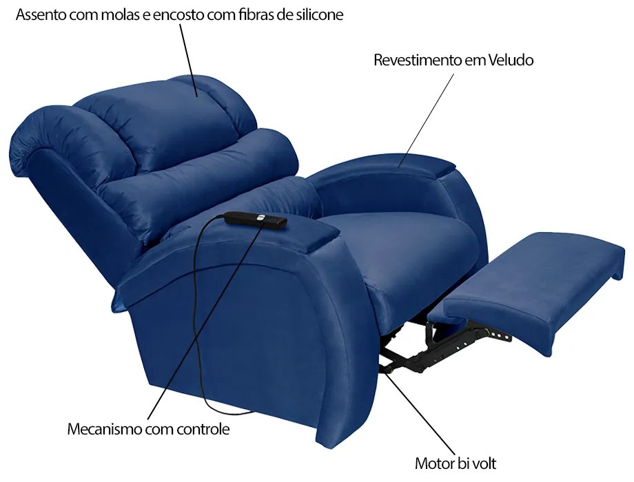 Poltrona do Papai Reclinável Elétrica com Controle Sala de Estar Oasis Veludo Azul G23 - Gran Belo