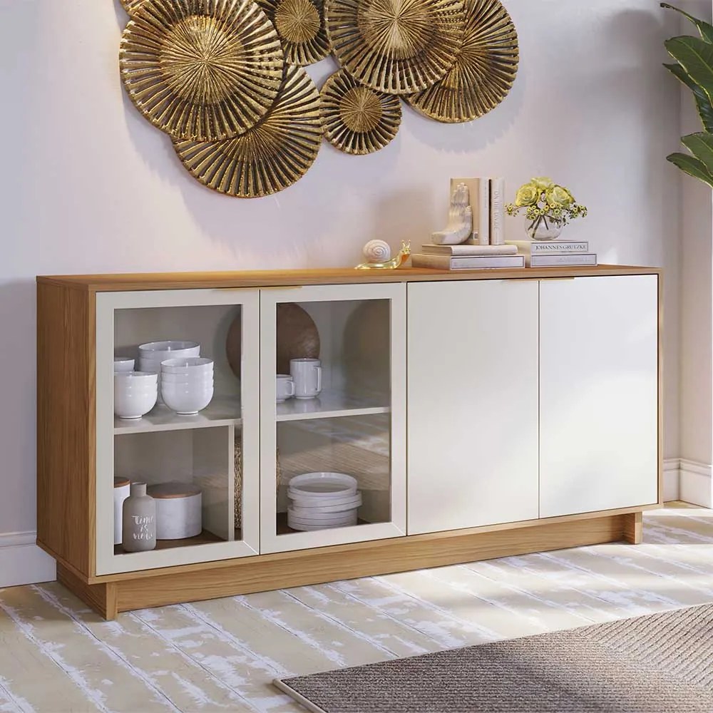 Buffet Aparador Gunga Decorativo 160cm MDF Portas de Vidro OffWhite/Freijó G73 - Gran Belo