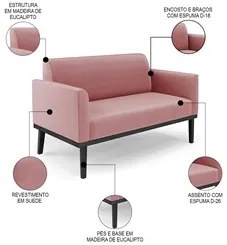 Sofá Namoradeira e 2 Poltronas Base Madeira Preto Maressa Suede Rosê -