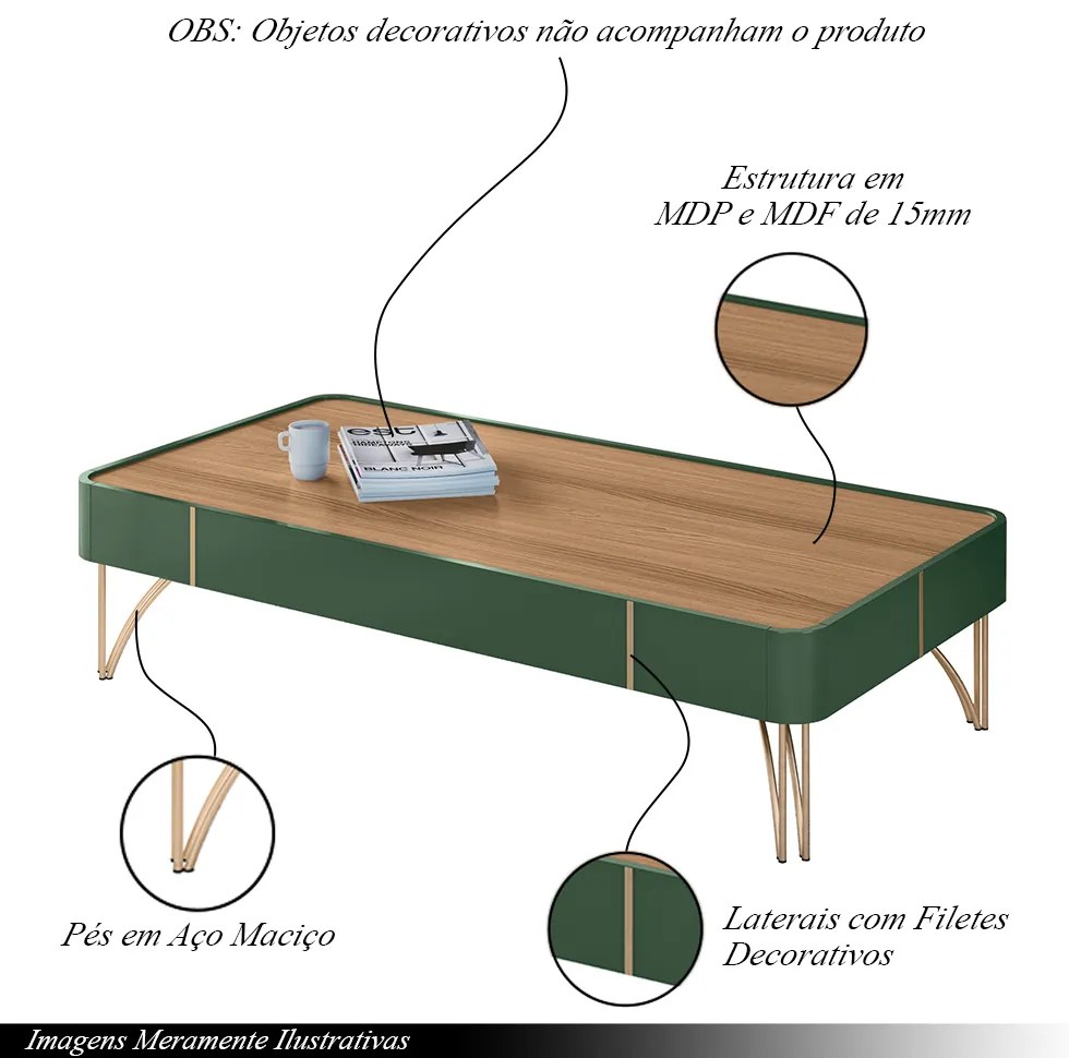Mesa de Centro Decorativa Rennes MDP/MDF Pés de Aço G26 - Gran Belo - Verde Pistache/Freijó