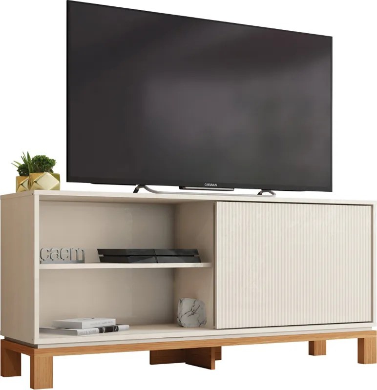 Bancada Átomo 136cm para TV até 45 com Porta de Correr Ripada MDP OffWhite/Freijo G11 - Gran Belo