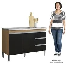 Balcão de Cozinha Com Pia Inox 100cm 3 Gavetas Andréia Amêndoa/Preto -