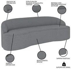 Sofá 3 Lugares para Sala de Estar Living 180cm Theo D06 Bouclê Cinza -