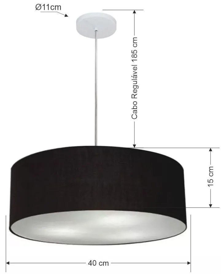 Lustre Pendente Cilíndrico Md-4132 Cúpula em Tecido 40x15cm Preto - Bivolt