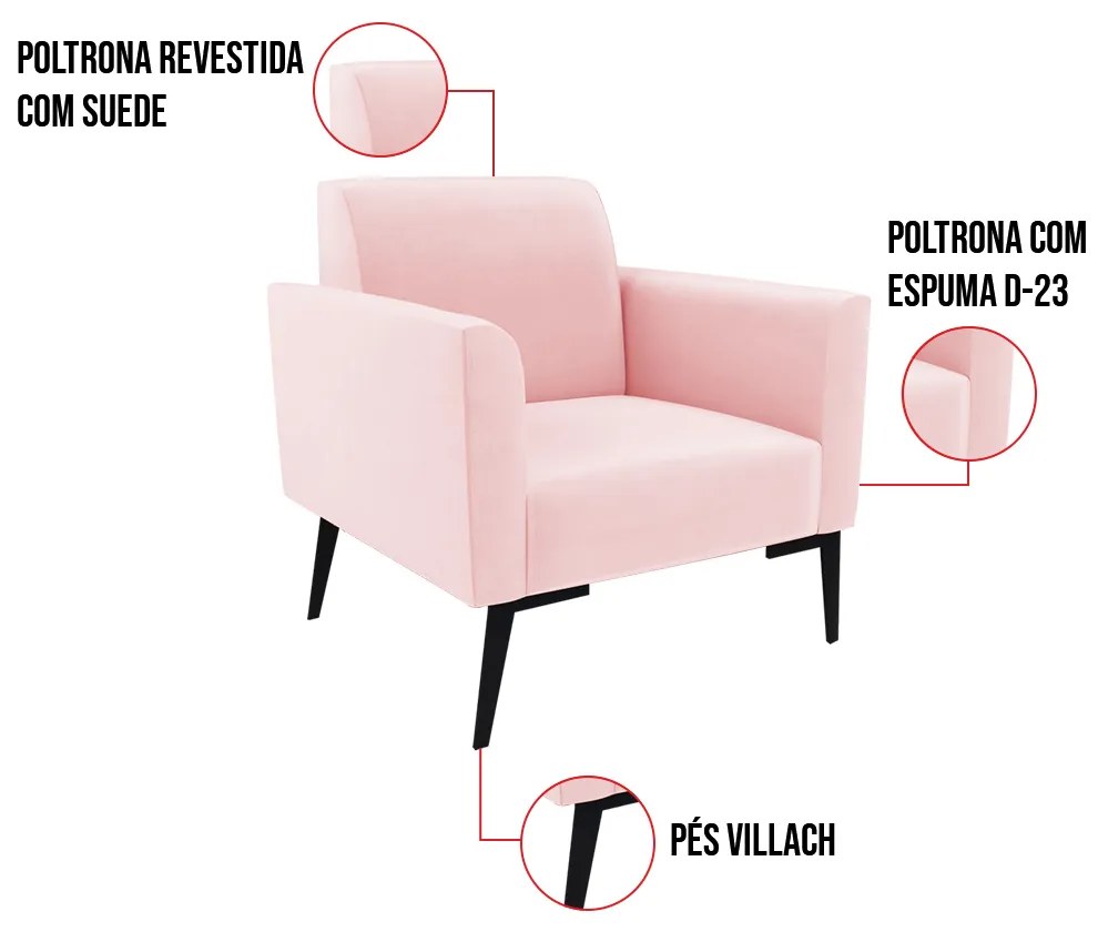 Poltrona Pés Villach Marisa Suede - Rosa Bebê
