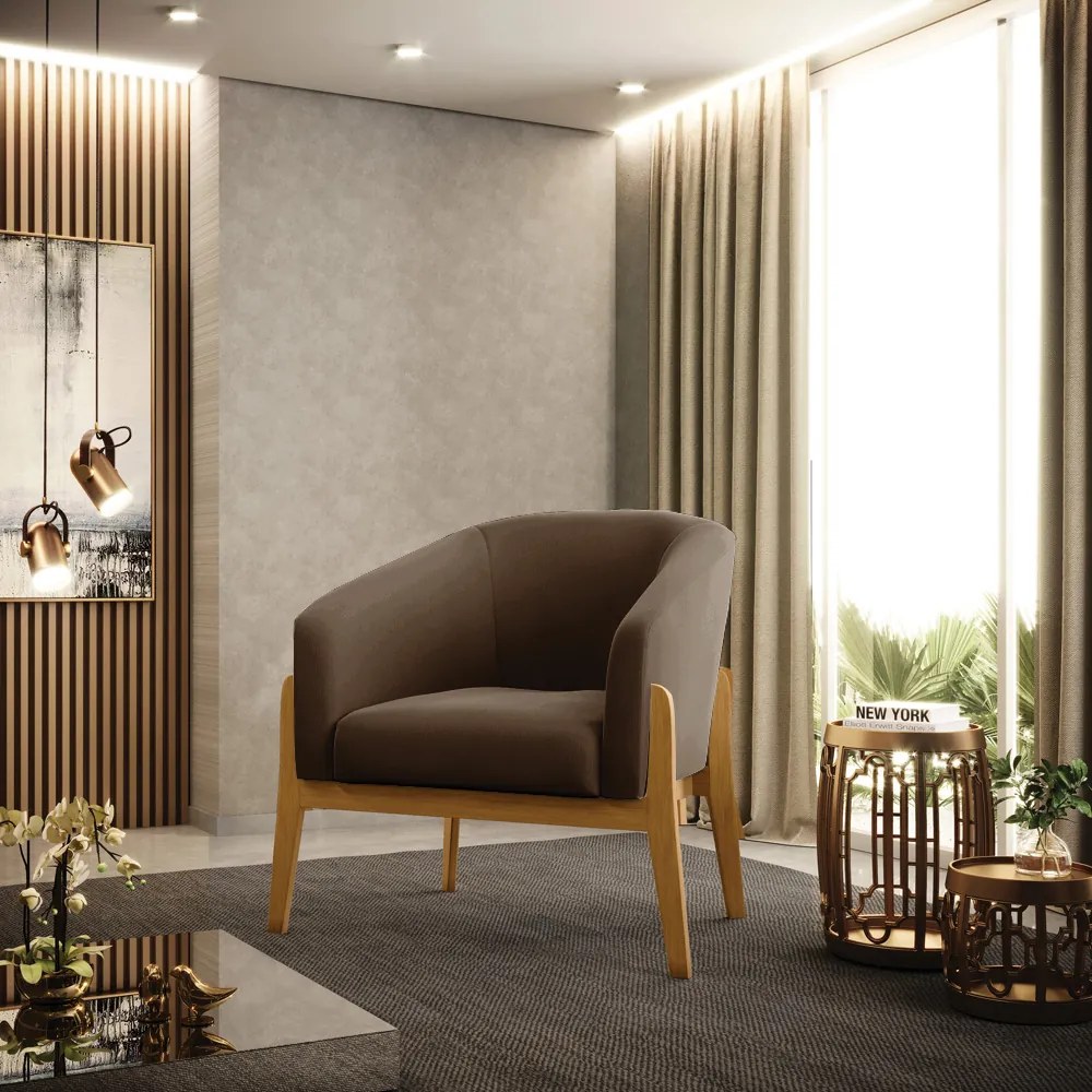 Poltrona Decorativa Base de Madeira kit 2 Stella Suede D03 - D'Rossi - Marrom