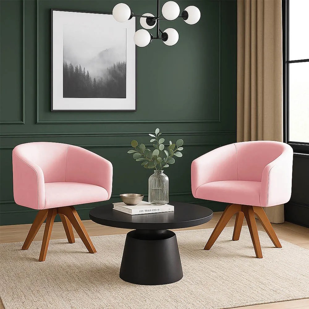 Poltrona Sala Base Giratória Madeira Kit 2 Arielle Suede D03 - D'Rossi - Rosa Bebê