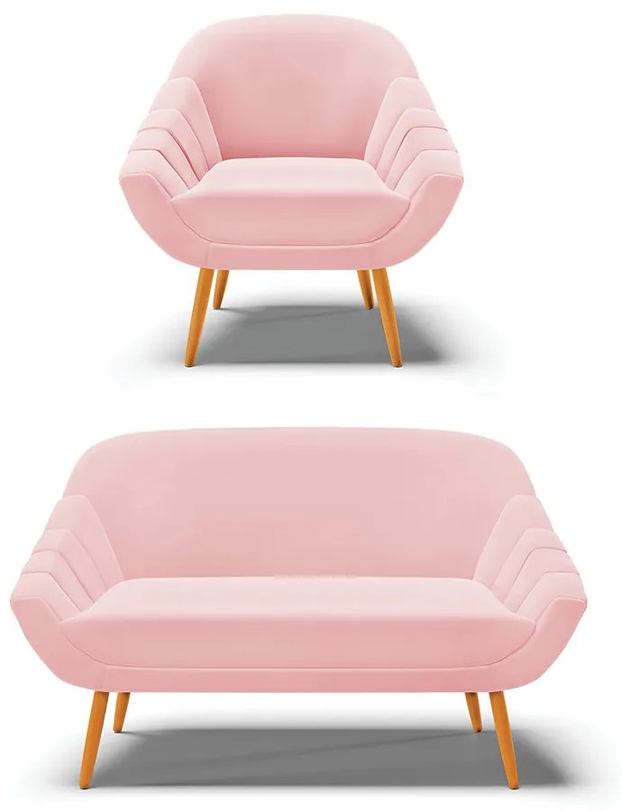 Kit 01 Namoradeira 02 Lugares e 01 Poltrona Giovana Suede Rosa Bebê Pés Palito Castanho - D'Rossi
