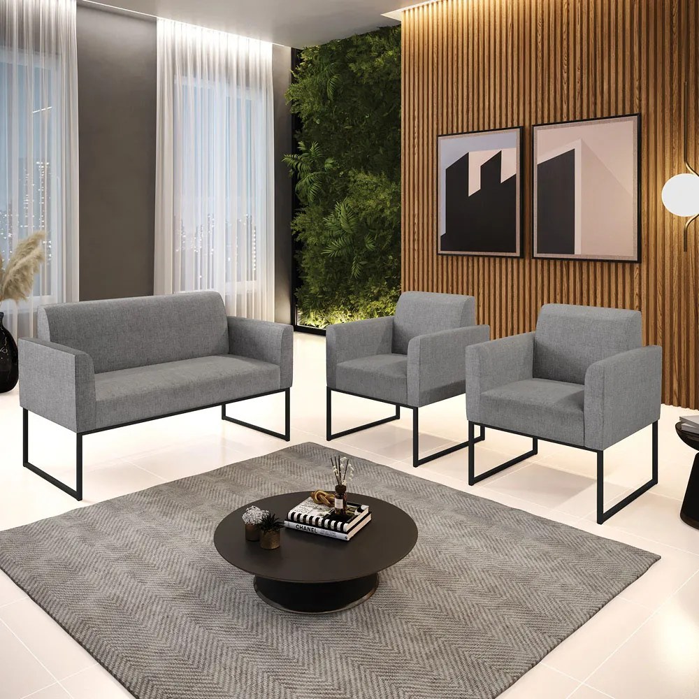 Sofá Namoradeira com 2 Poltronas Base Industrial Preto Marisa Linho - A32 Palha