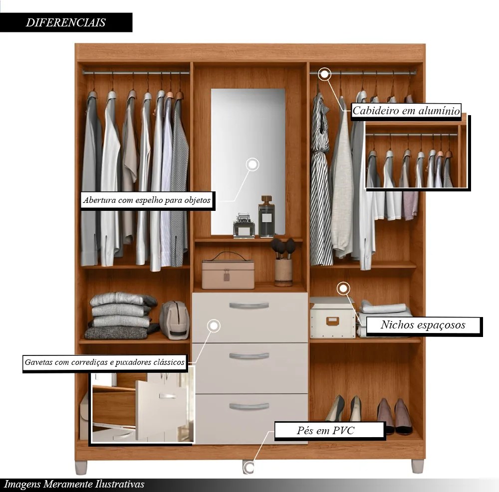 Guarda Roupa Prímor 154,8cm com Penteadeira Espelho e Gavetas  MDP Freijo/OffWhite G11- Gran Belo