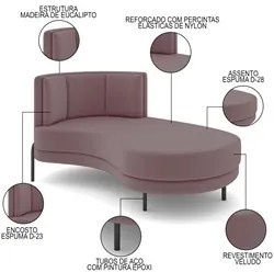 Chaise Longue Divã 164cm Braço Esquerdo Logus D06 Veludo Rosê - Mpozen
