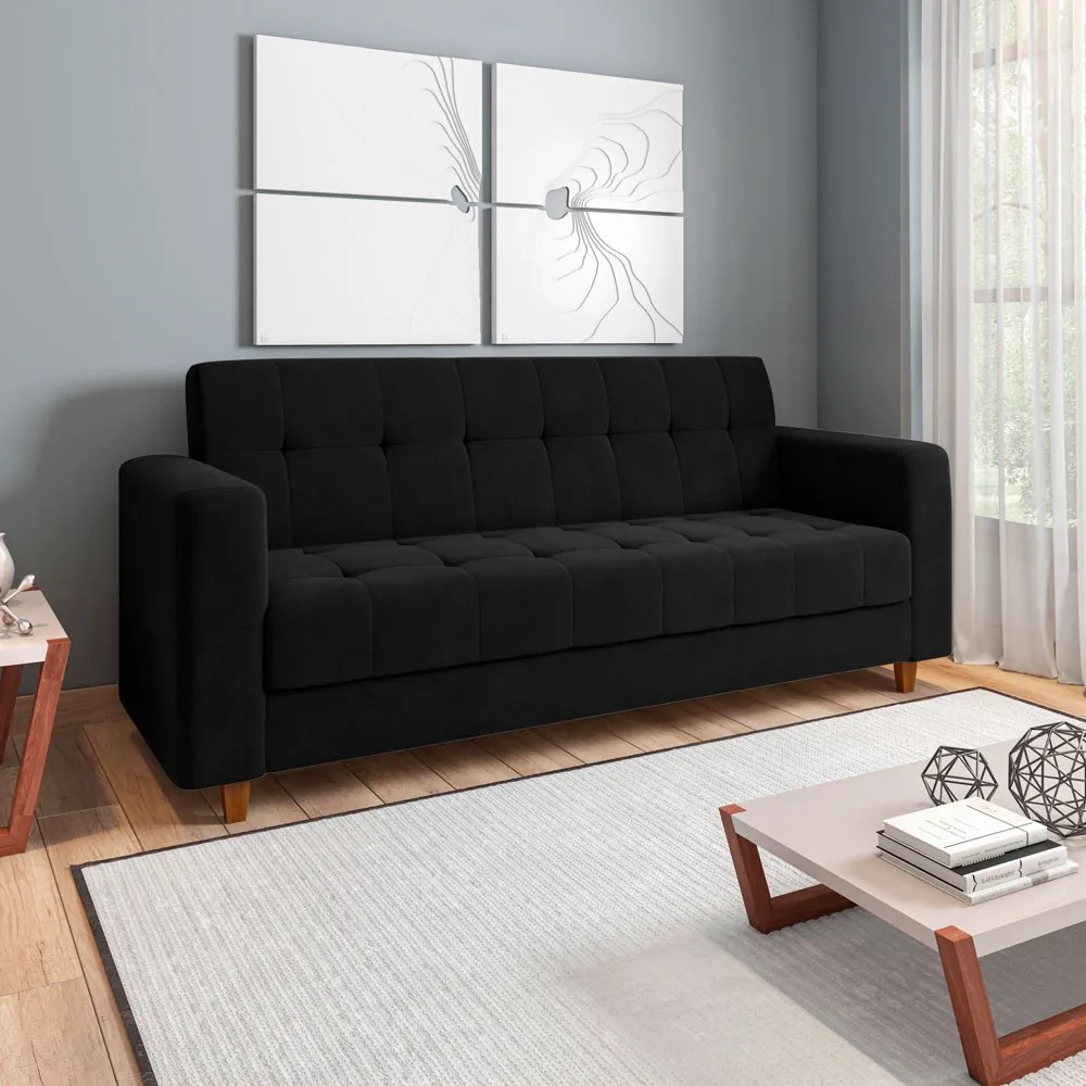 Kit 01 Sofá 3 Lugares e 02 Poltronas Arezzo Linho Preto A79 Pés Chanfrado Castanho - D'Rossi