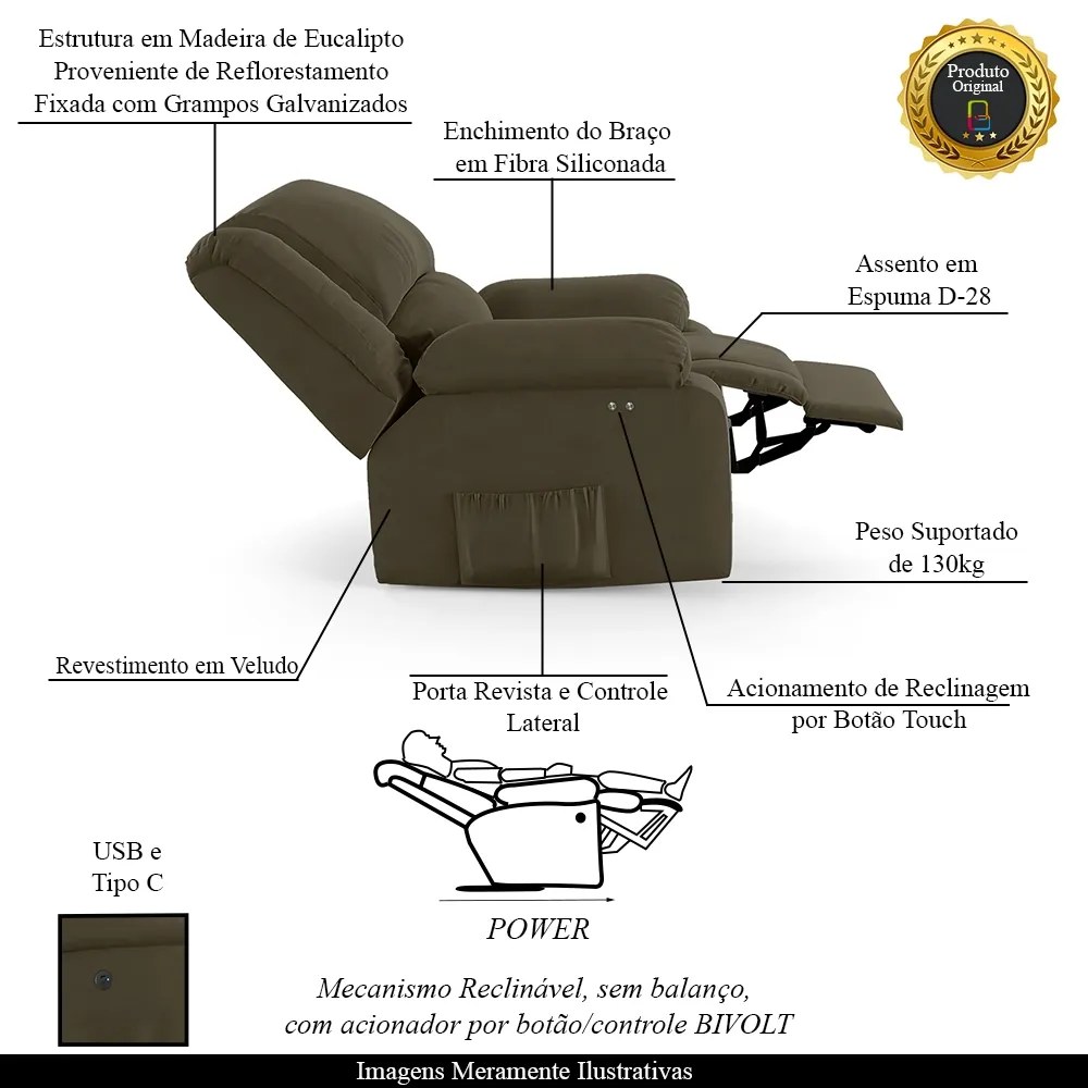 Poltrona do Papai Reclinável Sala de Cinema Madrid Power Touch USB Veludo Capuccino  G23