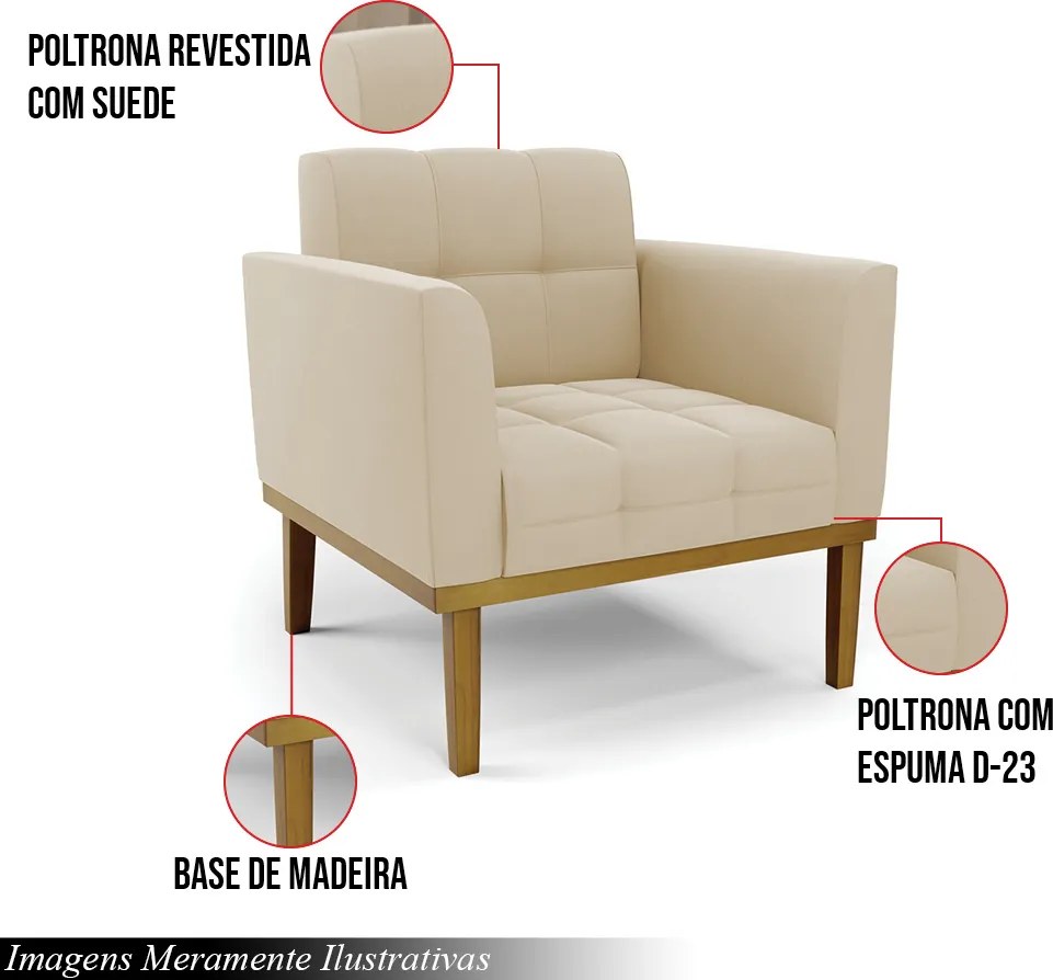 Kit 2 Poltronas Decorativas Karen Pés Fixo em Madeira Castanho Suede Bege G19 - Gran Belo