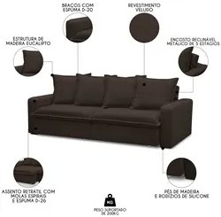 Sofá Retrátil Reclinável 3 Lugares 195cm Roma F05 Veludo Marrom Escuro