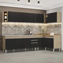 Armário de Cozinha Modulado de Canto 7 Peças CP36 com Pia Inox Castanh