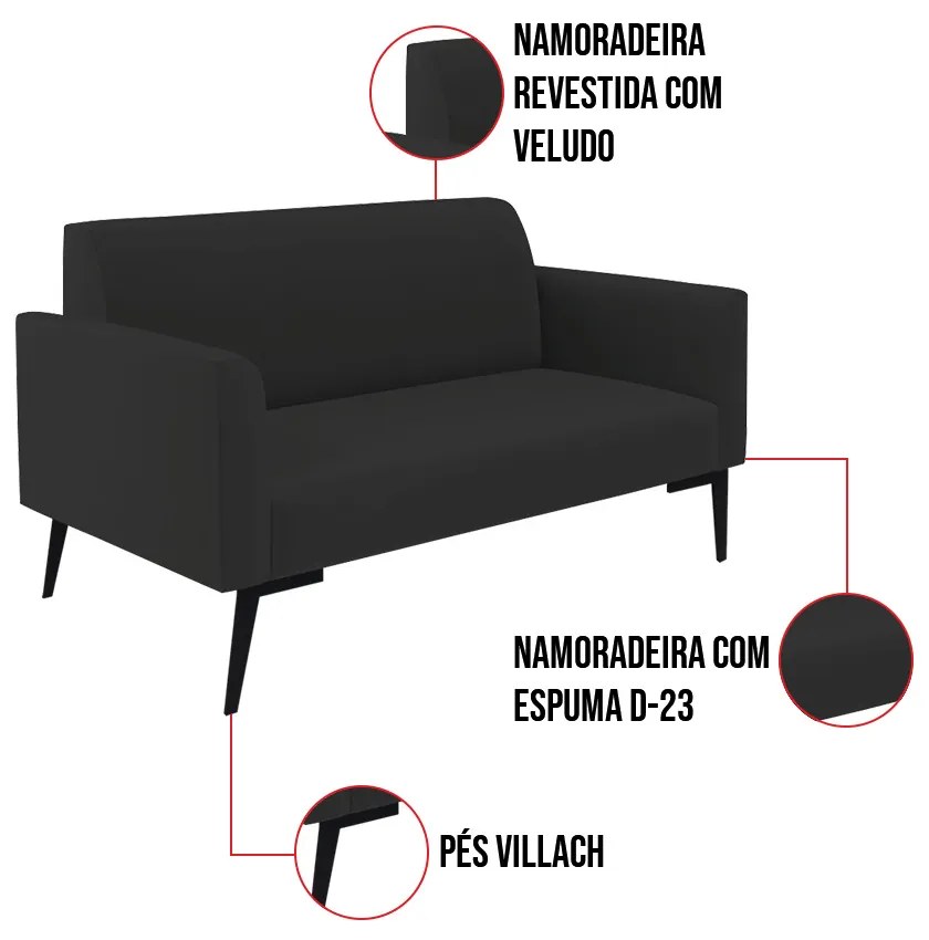 Sofá Namoradeira com Poltrona Pés Villach Marisa Veludo D03 - D'Rossi - Preto