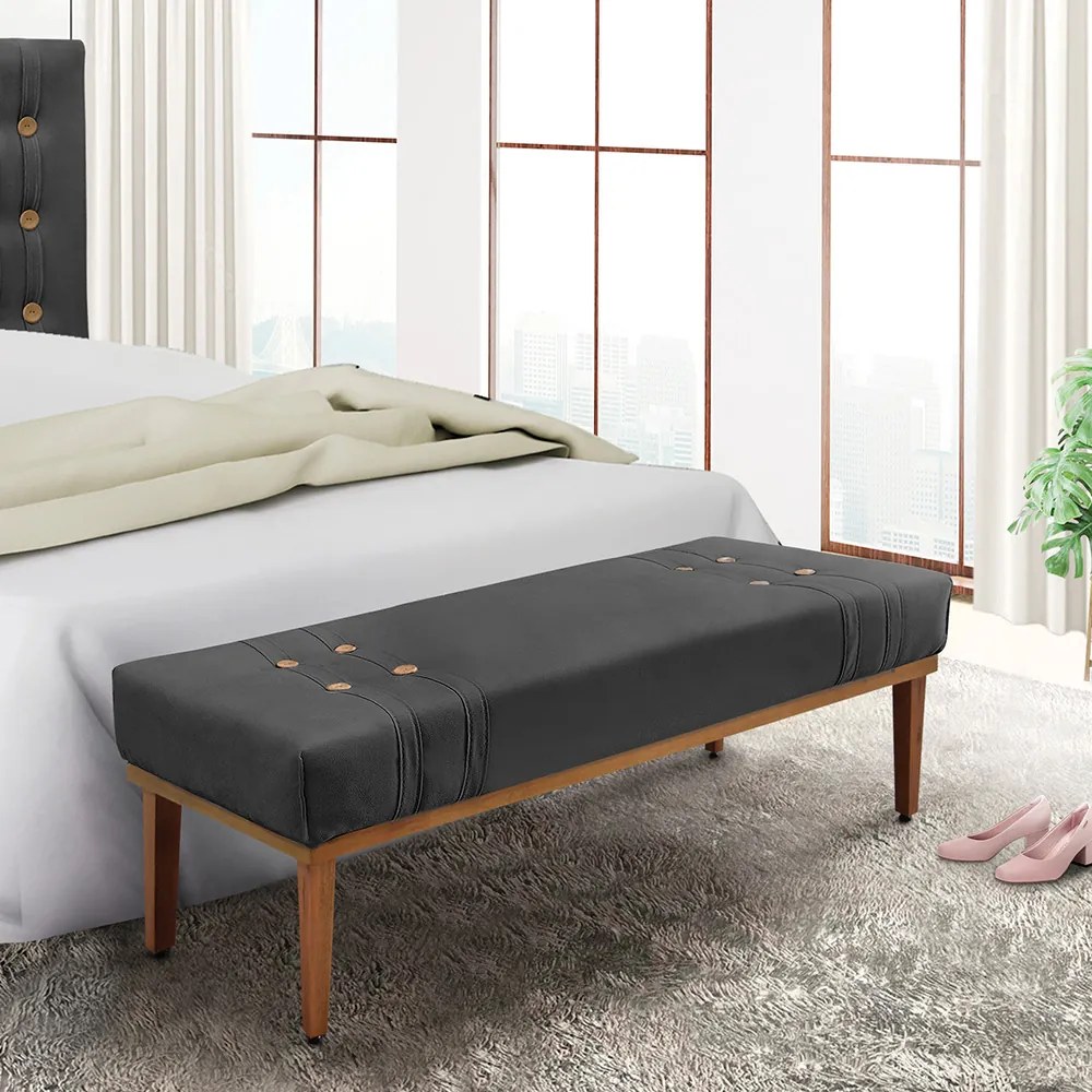 Divã Recamier Banco Base Madeira para Quarto Gênova 140cm Suede S04 - D'Rossi - Cinza