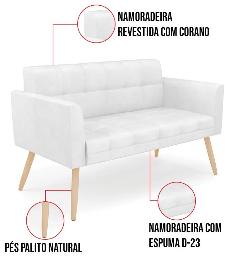 Kit 1 Sofá Namoradeira e 2 Poltronas Elisa Corano Branco Pés Palito Natural - D'Rossi