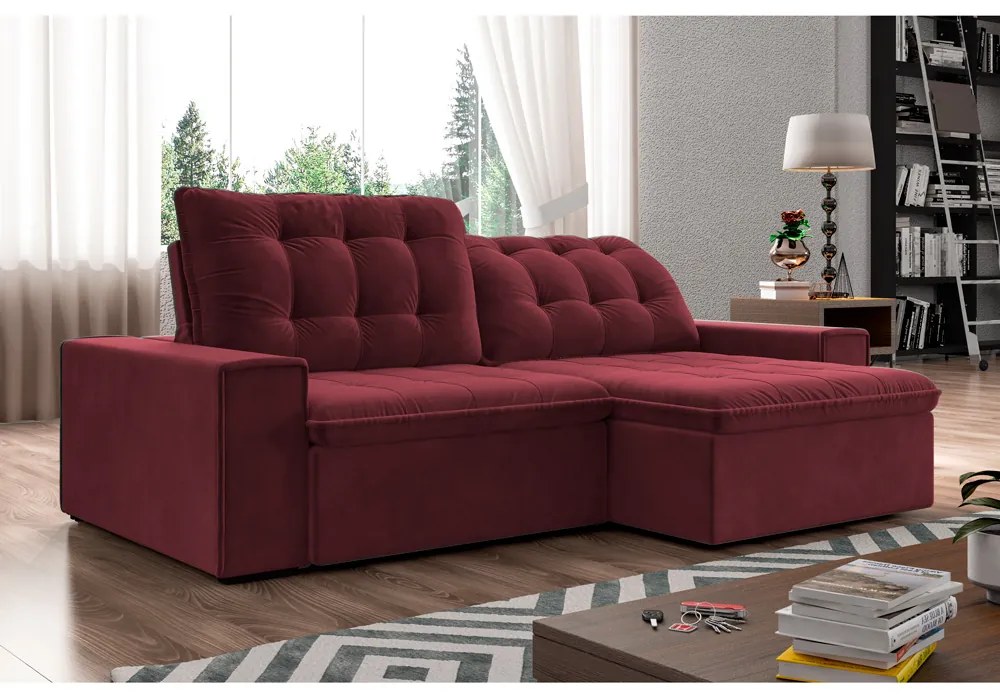 Sofá Retrátil 214 cm Sala de Estar Gabi Suede Bordô G52 - Gran Belo