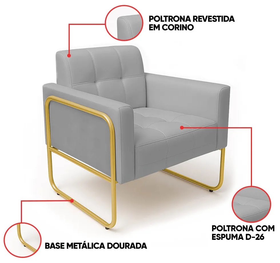 Poltrona Sala Industrial Alta Tubo Dourado Elisa Sintético D03 - D'Rossi - Cinza