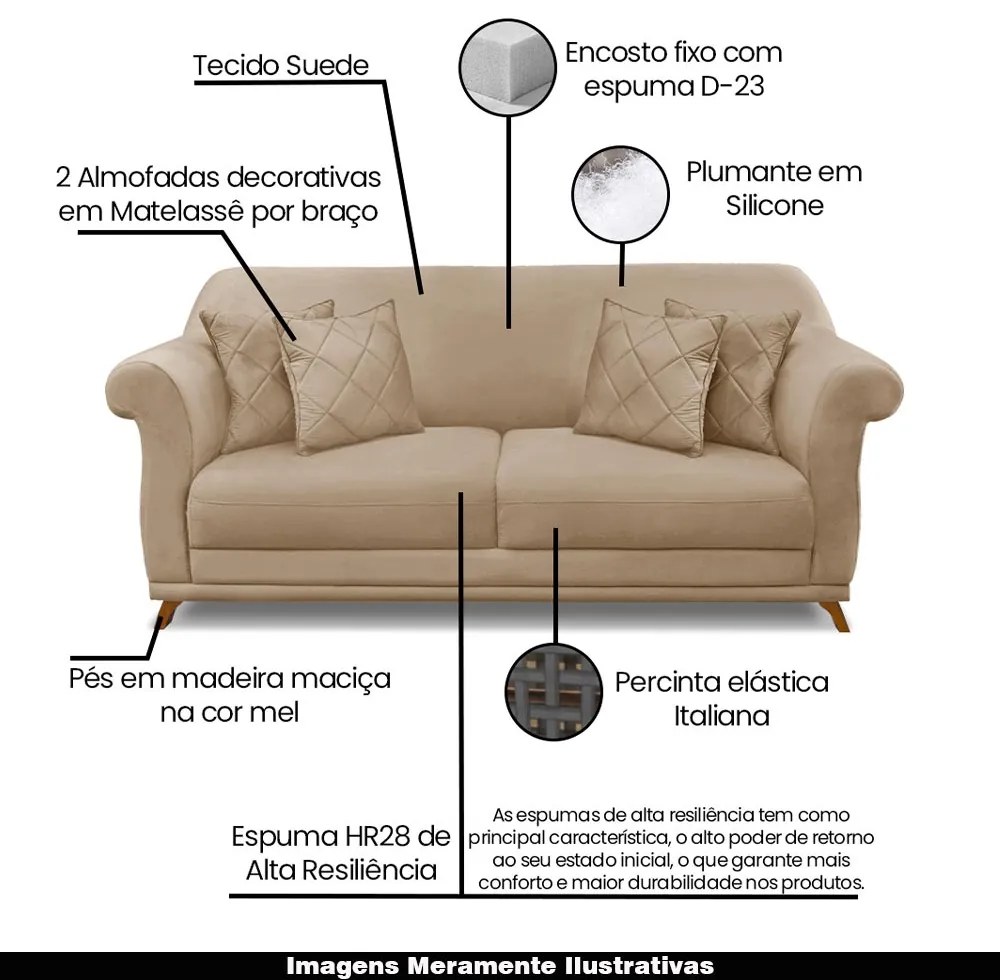 Sofá Decorativo 220cm 3 Lugares com 4 Almofadas Armstrong Suede Bege G63 - Gran Belo