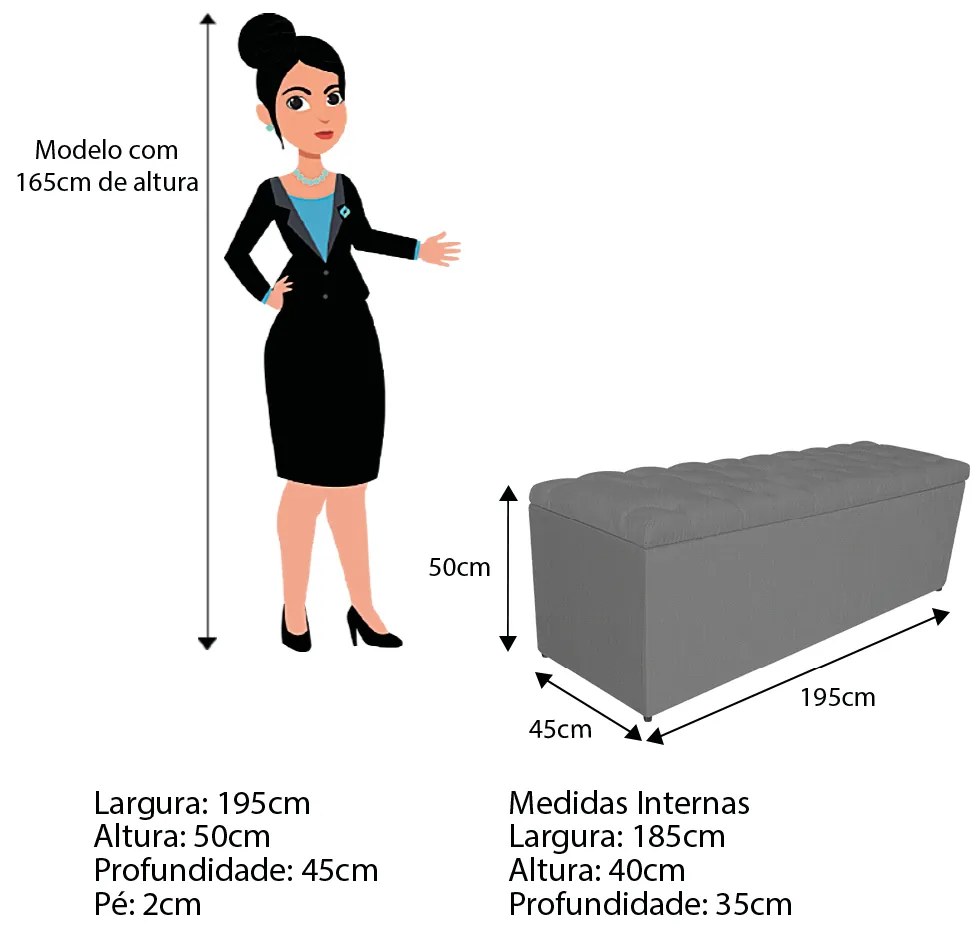 Calçadeira Estofada Liverpool 195 cm King Size Linho Chumbo - ADJ Decor