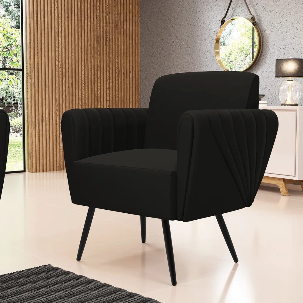 Sofá Namoradeira com 2 Poltronas Pés Palito de Ferro Bruna Suede - D'Rossi - Preto
