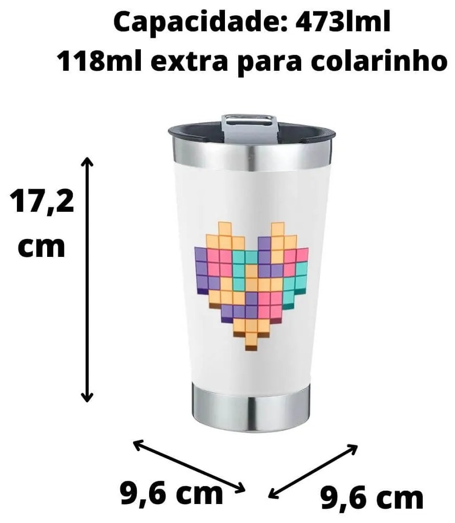 Copo Térmico Coração Pixels Com Tampa e Abridor Chopp