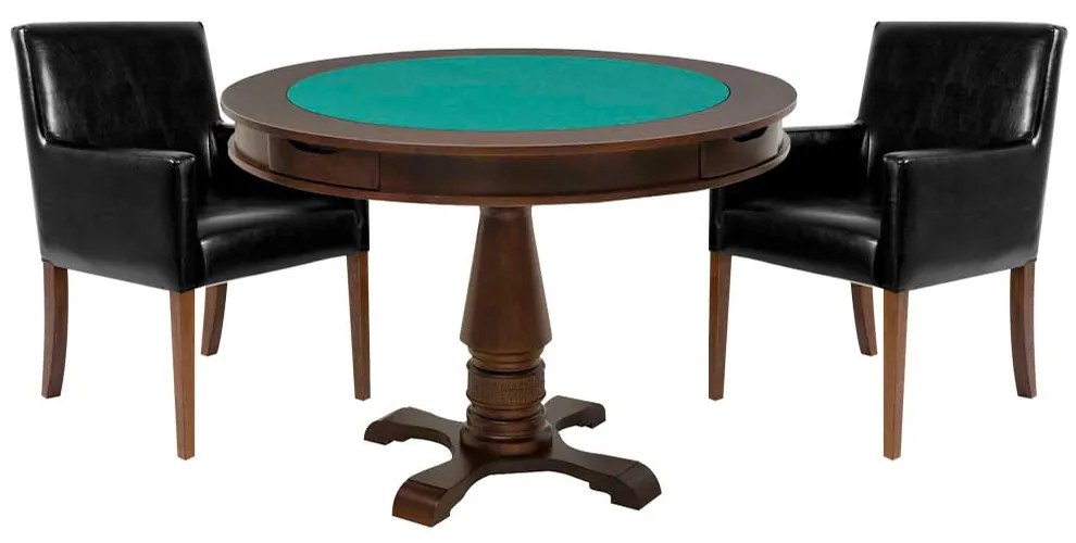 Mesa de Jogos Carteado Victoria Redonda Tampo Reversível Imbuia com 2 Cadeiras Liverpool Corino Preto Liso G36 G15 - Gran Belo