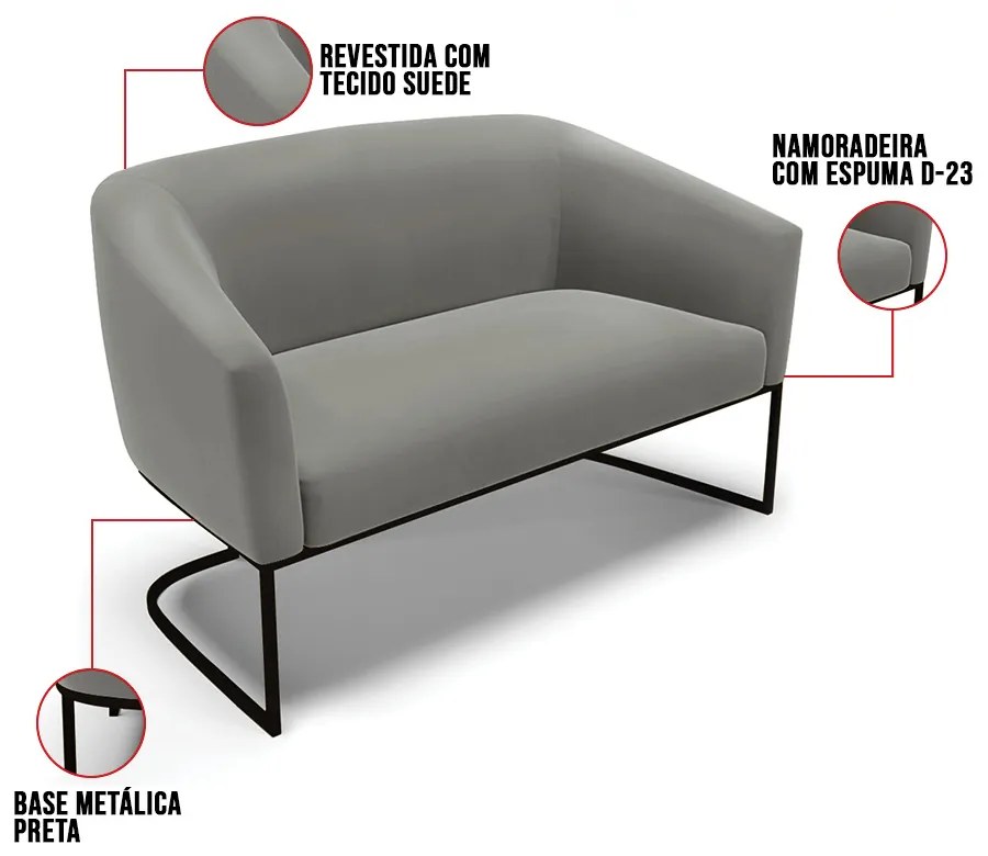 Sofá 2 Lugares Namoradeira Industrial Preto Stella Suede Grafite D03 - D'Rossi