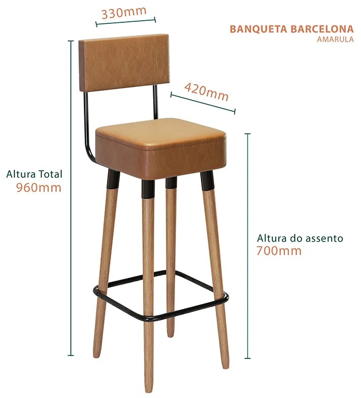 Kit 2 Banquetas Barcelona Pés Palito de Madeira Corano Amarula - Sheep Estofados - Marrom amarelado