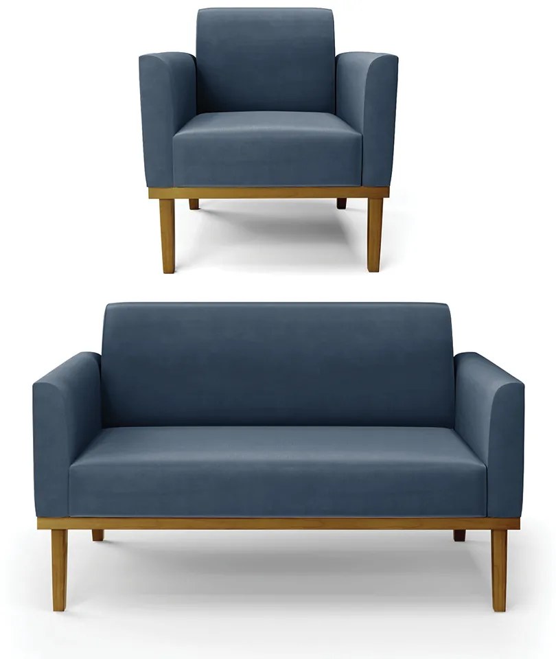 Conjunto Poltrona e Namoradeira Decorativa Isabella Pés Fixo em Madeira Castanho Suede Azul Marinho G19 - Gran Belo