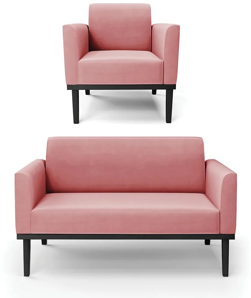 Conjunto Poltrona e Namoradeira Decorativa Isabella Pés Fixo em Madeira Preto Suede Rose G19 - Gran Belo