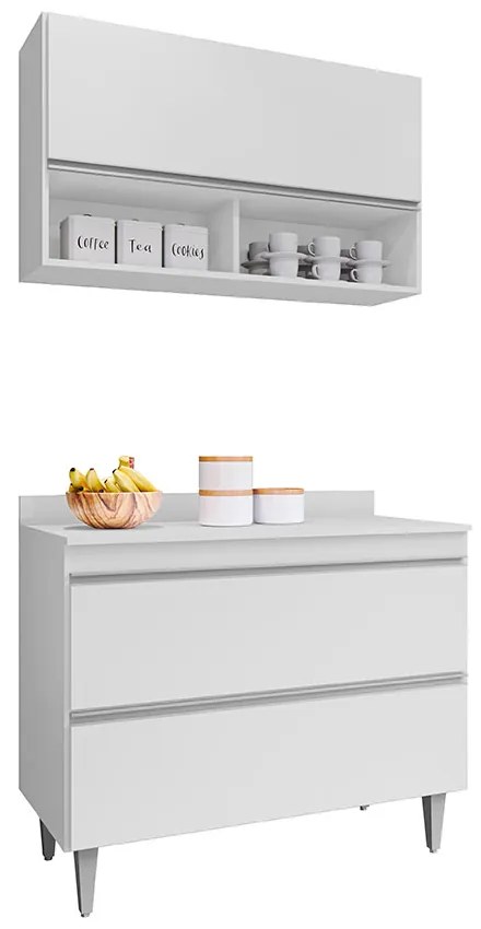 Conjunto Balcão de Cozinha com Tampo Armário Aéreo Wollo MDP/BP Branco G96 - Gran Belo
