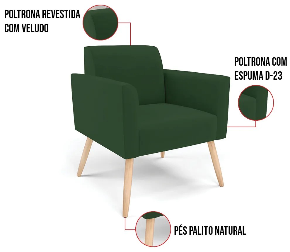 Kit 2 Poltronas Pés Palito Natural Marisa Veludo - Verde